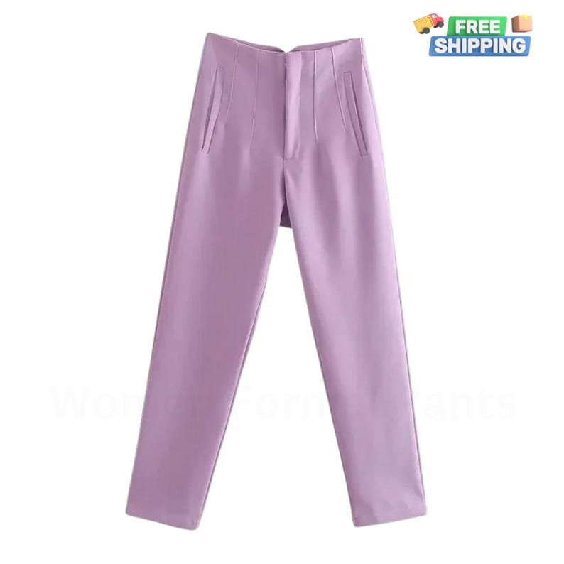 May include: A pair of light purple pants with a high waist and a straight leg.