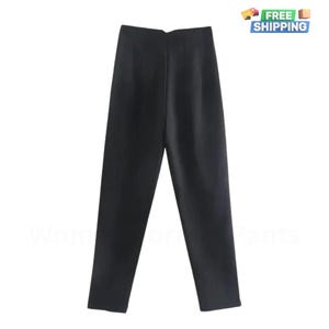 May include: Black high-waisted pants with a straight leg fit.