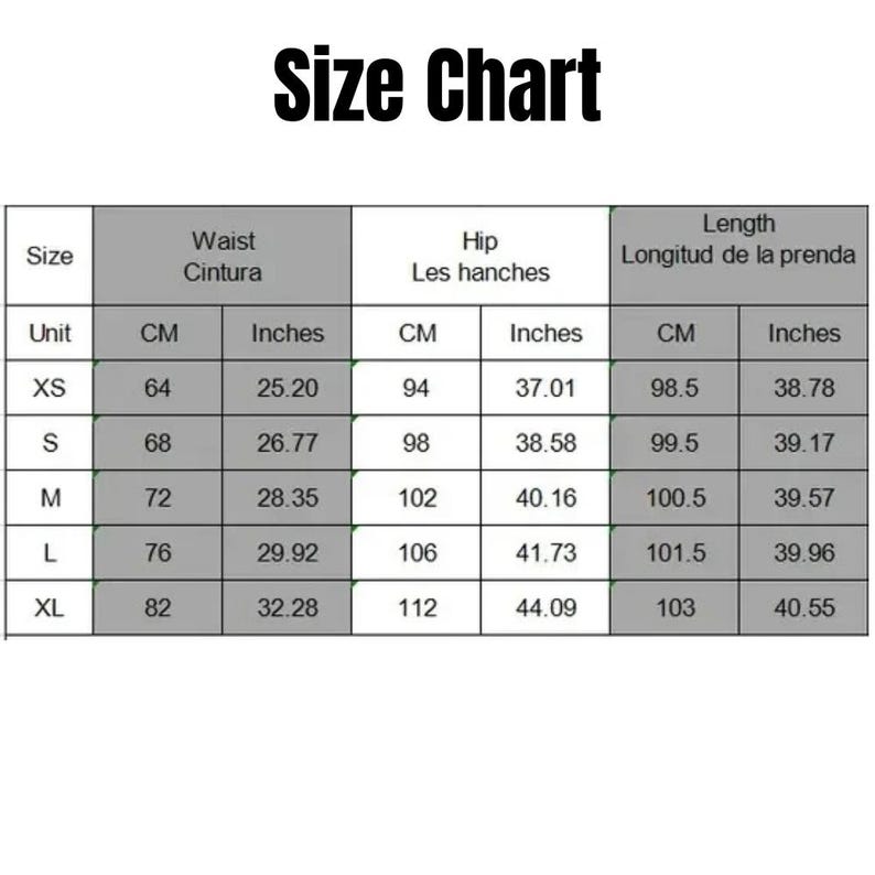 May include: Size chart for clothing with measurements in inches and centimeters. The chart includes sizes XS, S, M, L, and XL with corresponding waist, hip, and length measurements.