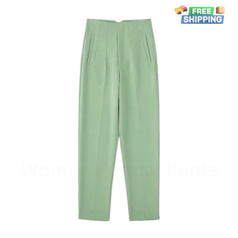 May include: A pair of light green, high-waisted, straight-leg pants.