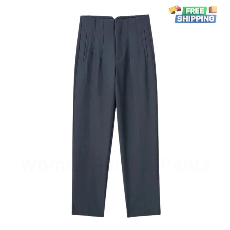 May include: Dark blue, high-waisted, straight-leg pants with pleats in the front.