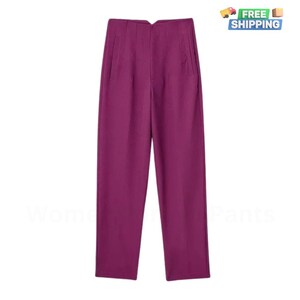 May include: A pair of high-waisted, wide-leg pants in a deep purple color. The pants have a V-shaped waistband and two front pockets.
