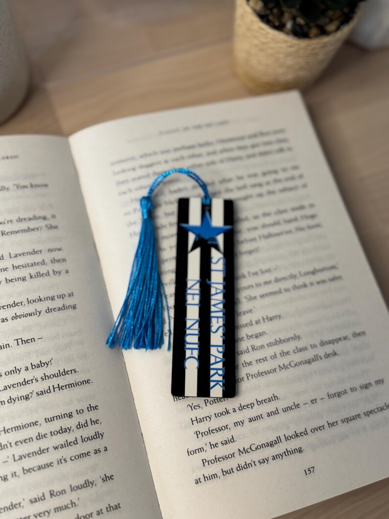 K&ouml;nnte beinhalten: Schwarz-wei&szlig; gestreifter Lesezeichen mit blauem Stern und Quaste. Der Text "ST JAMES PARK" ist auf dem Lesezeichen zu sehen. Das Lesezeichen liegt in einem offenen Buch.