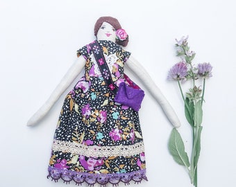 READY TO SHIP Doll, Cloth Art Doll, 12 inch floral dress dolls, heirloom doll, textile doll