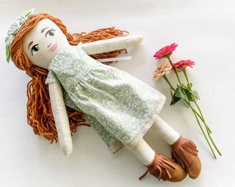 READY TO SHIP Doll, Yarn Hair Doll, Rag Doll with Red Hair, Heirloom Doll Boho Nursery Decor