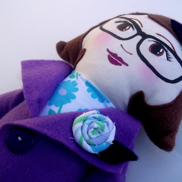 Cloth Doll, Rag Doll with Glasses Brown Hair, Purple Coat