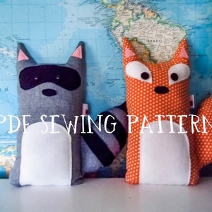 SEWING PATTERN Fox and Raccoon Stuffed Animals, woodland pillow set diy, unique kids room decor, unique boy gift sewing project, plushie image 3