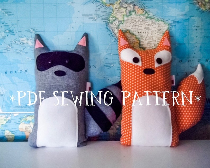 SEWING PATTERN Fox and Raccoon Stuffed Animals, woodland pillow set diy, unique kids room decor, unique boy gift sewing project, plushie image 3