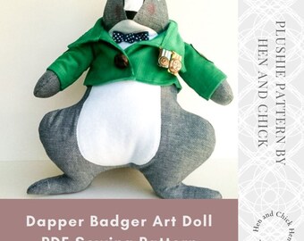 SEWING PATTERN Stuffed Animal Badger with Jacket PDF, badger plushie, dapper badger, woodland plushie, unique kids room decor, soft toy diy