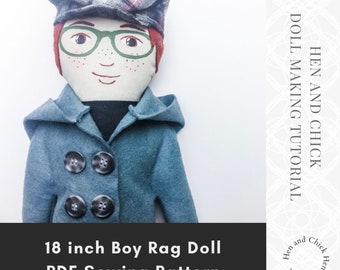 Boy Doll Sewing Pattern, 18 inch boy doll tutorial, comes with pattern for vest, coat, newsboy hat, tie, glasses