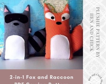 SEWING PATTERN Fox and Raccoon Stuffed Animals, woodland pillow set diy, unique kids room decor, unique boy gift sewing project, plushie