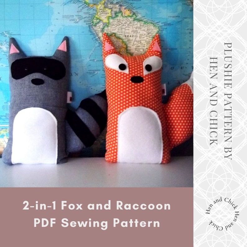SEWING PATTERN Fox and Raccoon Stuffed Animals, woodland pillow set diy, unique kids room decor, unique boy gift sewing project, plushie image 1