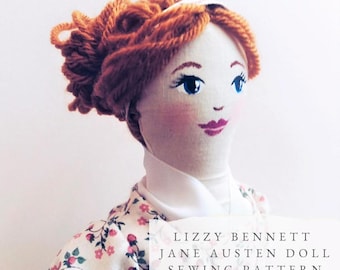 May include: A fabric doll with auburn yarn hair styled in an updo, blue eyes, and painted facial features. The doll wears a cream-colored dress with a small pink and green floral pattern. Text reads: LIZZY BENNETT JANE AUSTEN DOLL SEWING PATTERN PDF download.