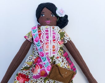 READY TO SHIP Doll, Cloth Art Doll, 12 inch black dolls, heirloom doll, textile doll