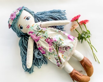 READY TO SHIP Doll, Yarn Hair Doll, Rag Doll with Blue Hair, Heirloom Doll Boho Nursery Decor