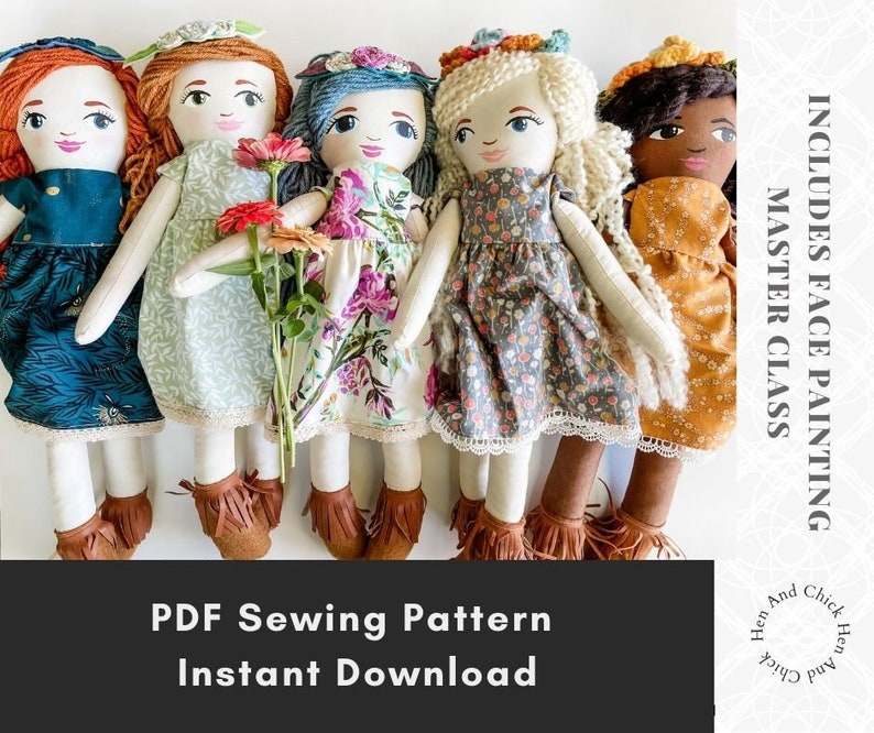 SEWING PATTERN Boho Doll Sewing Pattern PDF with doll dress and flower headband, Cottagecore Doll, yarn hair doll tutorial, diy Doll image 10