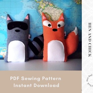 SEWING PATTERN Fox and Raccoon Stuffed Animals, woodland pillow set diy, unique kids room decor, unique boy gift sewing project, plushie image 2