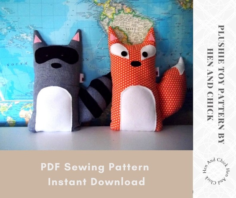 SEWING PATTERN Fox and Raccoon Stuffed Animals, woodland pillow set diy, unique kids room decor, unique boy gift sewing project, plushie image 2