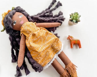 READY TO SHIP Doll,  Beautiful handmade cloth doll heirloom doll, with black yarn hair