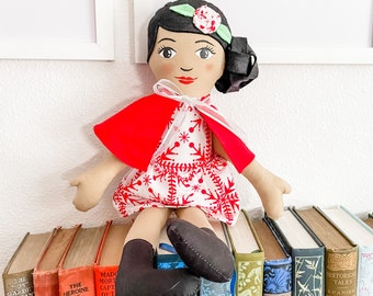 Christmas Doll, Black Haired Doll, READY to SHIP soft doll, cloth doll, fabric doll