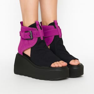 Handmade Platform Sandal Boots,Summer Boots, Buckles,Unique Design Sandals, Black leather sandals,Black and Pink Fashion Sandals,Open Toe