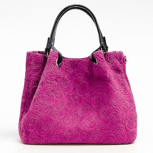Fuchsia leather shoulder for women,leather bag for women,pink suede tote,floral leather bag,genuine leather bag,pink soft tote,soft bag