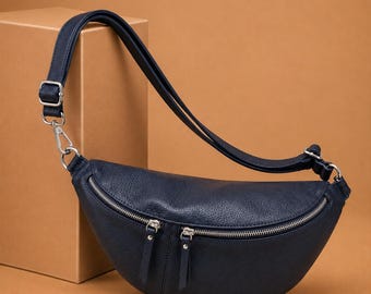 Unisex dark  blue leather belt bag – crossbody pouch, handmade from soft full-grain leather, adjustable strap, unisex, spacious and chic