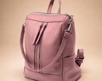 Convertible 2 in 1 Backpack For Women,Stylish Pink Genuine leather bags,Shoulder backpack,Multi use bag,Travel backpack,Modern pink backpack
