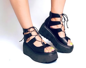 Handmade Black Leather Platform Sandals Laces,Casual sandals Laces, Lightweight Platform Sandals, Black Leather Sandals,Women&#39;s Summer shoes