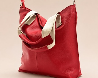 Red soft leather tote for women,large leather tote bag,work & travel leather tote,versatile shoulder bag,crossbody tote,modern casual bag
