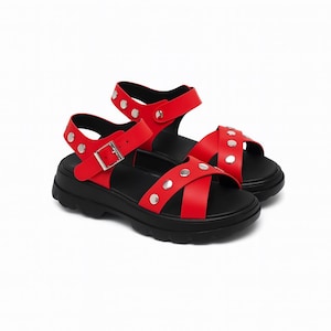 Sandals with studs,Red comfort sandals Handmade Sandals,Platform Sandals with Adjustable Buckle,Ankle strap,Breathable Red leather shoes