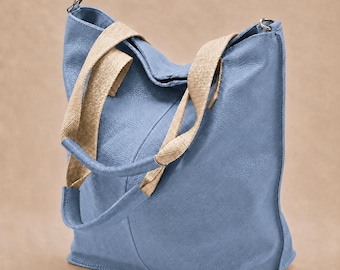 Blue soft leather tote for women,large leather tote bag,work & travel leather tote,versatile shoulder bag,crossbody tote,modern casual bag