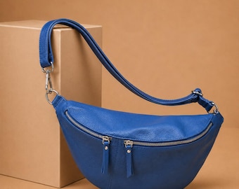 Unisex cobalt  blue leather belt bag – crossbody pouch, handmade from soft full-grain leather, adjustable strap, unisex, spacious and chic