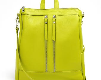 Neon Lime Convertible Leather Backpack Purse for Women 