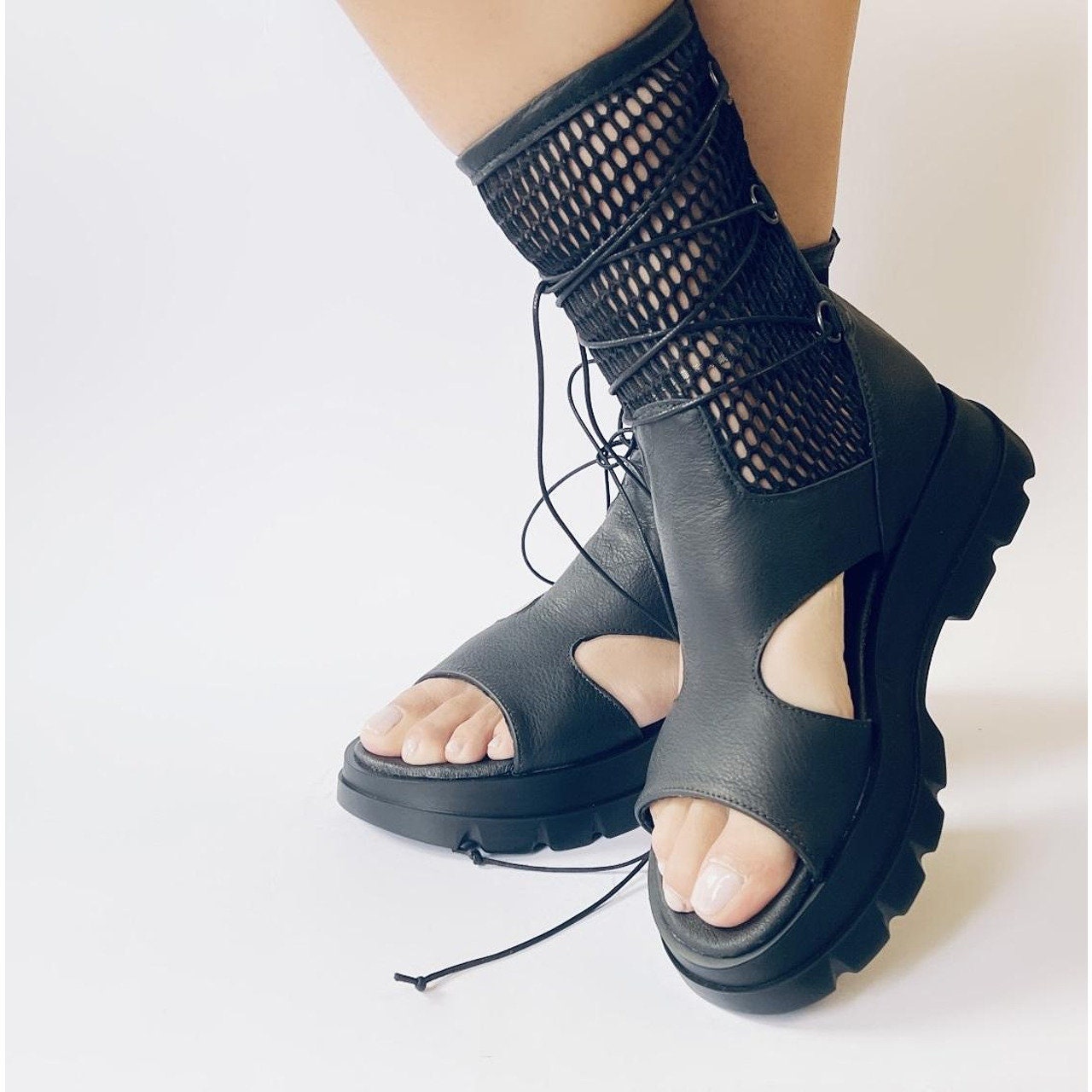 Unique Handmade Sandals With Mesh, Laces, and Zipper, Leather 