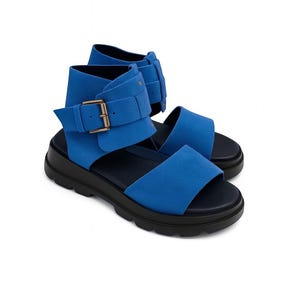 Handmade Stylish Comfortable Women&#39;s Platform Sandals with Adjustable Buckle, Ankle strap, Blue leather Platform sandals, Summer shoes Women
