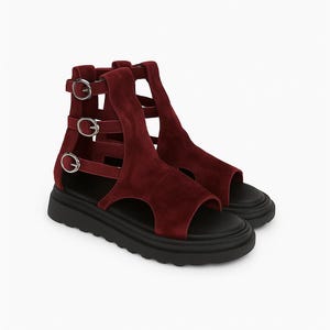 Handmade leather sandals,Red summer boots,platform sandals,adjustable straps,genuine leather,trendy women sandals,stylish summer shoes