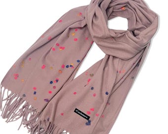 Pink Cashmere Scarf – Soft Elegant Wrap with Woolen Dot Accents, Lightweight Winter Shawl with Delicate Texture,Ashes of Roses, Vintage Pink