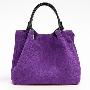 Purple leather handbag bag for women,purple suede tote,floral leather bag,genuine leather bag,soft tote,soft floral crossbody,unique gift