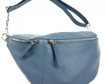 Unisex light  blue leather belt bag – crossbody pouch, handmade from soft full-grain leather, adjustable strap, unisex, spacious and chic