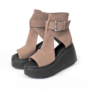 Handmade Lightweight Platform Sandals, Adjustable Beige Leather Sandals with Buckles, Comfortable Everyday Women&#39;s Footwear,Leather Platform