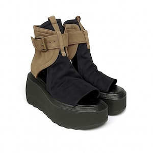 Handmade Platform Sandal Boots, Summer Boots, Buckles,Unique Design Sandals, Black leather sandals,Black and Beige Fashion Sandals,Open Toe