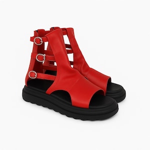 Handmade leather sandals,Red summer boots,platform sandals,adjustable straps,red genuine leather,trendy women sandals,stylish summer shoes
