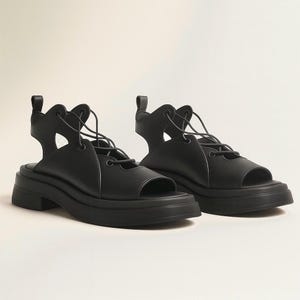 Black flat heeled leather sandals for women,handmade shoes,women’s platform sandals with laces,Open toe black leather shoe,designer footwear