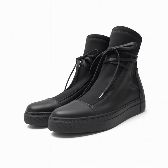 Women's Black Sock Ankle Sneakers,elastic Upper,lace up and - Main Image