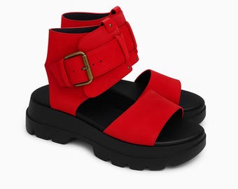 All day comfort sandals Handmade Sandals, Trendy Women&#39;s Platform Sandals with Adjustable Buckle,Ankle strap, Breathable Red leather shoes