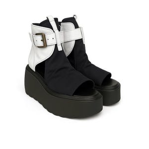 Handmade Platform Sandals Boots, Summer Boots, Buckles,Unique Design Sandals, Black leather sandals,Black and White Fashion Sandals,Open Toe