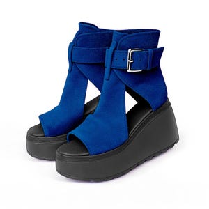 Handmade Lightweight Platform Sandals, Adjustable Blue Leather Sandals with Buckles,Comfortable Everyday Women&#39;s shoes High leather platform