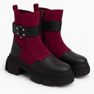 Unique Women&#39;s Asymmetrical Lether Boots,Suede and Leather Boots,Designer Footwear,Premium boots,Black and Red Ankle Boots,Gift For Women