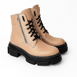 Brown Ankle Boots with Zipper and Laces,Women&#39;s Leather Boots,Comfortable Low Heel,Soft Inner Lining,Stylish Beige Fall Boots,Gift For Women